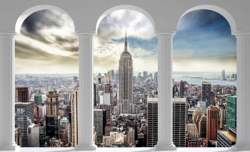 Fotobehang van een 3D uitzicht op New York stad met pilaren, inclusief het Empire State Building.