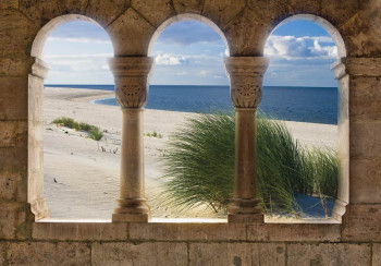 Fotobehang van een 3D uitzicht op een strand, duinen en de zee, met een ontspannen sfeer.