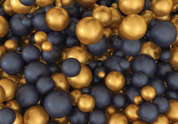 Fototapete mit goldenen und schwarzen Kugeln in 3D auf dunklem Hintergrund für einen luxuriösen und räumlichen Effekt.