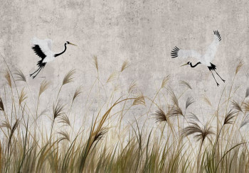 Fotobehang Dansende Kraanvogels boven het Hoge Gras