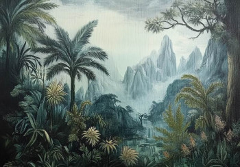 Fotobehang met een exotisch panorama van jungle, palmbomen en bergen in schilderachtige stijl.