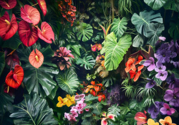 Fotobehang met een weelderige mix van jungleplanten, kleurrijke bloemen en bladeren, met levendige kleuren die een tropische en frisse sfeer creëren.