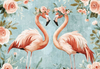 Fotobehang Flamingo's en Rozen