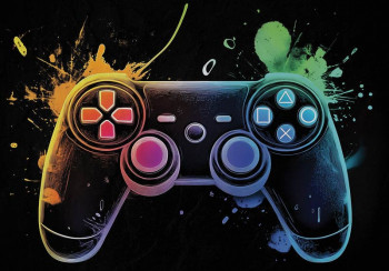 Fotobehang met een gamecontroller in neonstijl met felgekleurde lichteffecten op een donkere achtergrond.