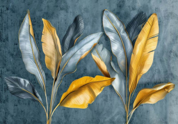 Fotobehang met luxe gouden bananenbladeren op een groene achtergrond voor een chique uitstraling.