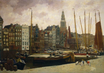 Fotobehang met een historisch stadsbeeld van het Damrak in Amsterdam, met iconische huizen, de Oudekerkstoren en een sfeervolle weergave van de binnenhaven.