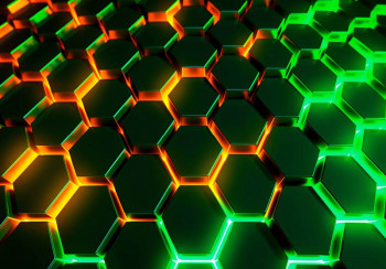 Fotobehang met 3D-zeshoeken in neonkleuren groen, oranje en geel met futuristische lichtaccenten.