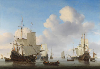 Fotobehang met Hollandse oorlogsschepen op een kalme zee, met gehesen zeilen en een sloep onder trompetgeschal, geïnspireerd op Willem van de Velde II’s meesterwerk.