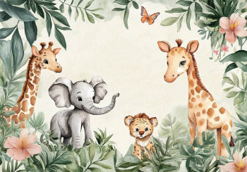 Fotobehang met schattige jungle dieren zoals een olifant, giraffen en een welp tussen groene bladeren, bloemen en een vlinder.