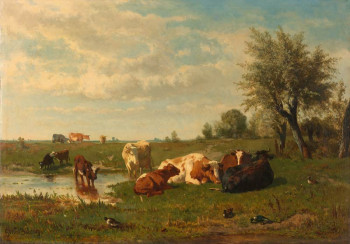 Fotobehang met een schilderachtig landschap van koeien grazend in een weide, geïnspireerd op het schilderij van Gerard Bilders uit 1860-1865.