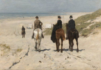 Fotobehang met een schilderij van Anton Mauve, Morgenrit langs het Strand, waarop ruiters te paard richting het strand rijden.