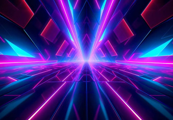 Fotobehang met een felgekleurde neon tunnel in 3D, met roze en blauwe lichtstralen die een futuristisch effect creëren.