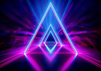 Fotobehang met neonblauwe en neonroze driehoeken die samen een futuristische tunnel vormen met een sterk 3D-effect.