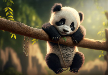 Schattig fotobehang voor de kinderkamer met een panda hangend aan een tak te midden van een bosrijke achtergrond.