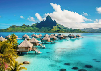 Fotobehang van het paradijselijke eiland Bora Bora, met stranden en de zee, ideaal voor een serene omgeving.