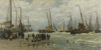 Fotobehang Pinken in de branding met een schilderij van Hendrik Willem Mesdag; vissersboten op het strand van Scheveningen, ankers in het zand en vrouwen die verse vis verhandelen.