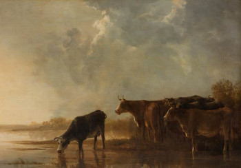 Fotobehang met een idyllisch rivierlandschap en grazende koeien, geïnspireerd op het meesterwerk van Aelbert Cuyp uit ca. 1650.