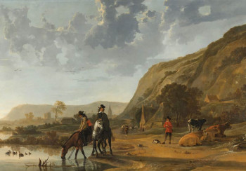 Fotobehang met een weids rivierlandschap aan de Waal bij Nijmegen, met twee ruiters die hun paarden drenken en een herder met zijn rustende kudde, geïnspireerd op Aelbert Cuyp’s meesterwerk.