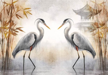 Fotobehang met sierlijke reigers, rode bladeren en een Japans huisje, die samen zorgen voor een elegante en rustgevende uitstraling in elke ruimte.