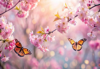 Een prachtig fotobehang met stralende roze kersenbloesems en sierlijk fladderende vlinders in de lente, tegen een zachte, rustige achtergrond.