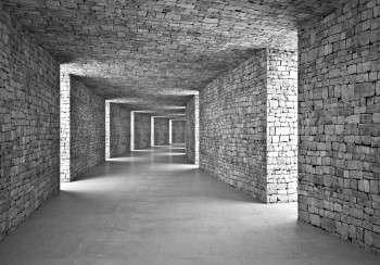Fotobehang met een grijze stenen tunnel in 3D die zorgt voor een indrukwekkend diepte-effect aan de muur.
