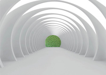 Een 3D fotobehang van een tunnel naar groen, ideaal voor een rustgevende uitstraling in elke ruimte.