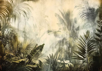 Fotobehang met een dichtbegroeide jungle vol tropische planten, waardoor een verborgen pad loopt.
