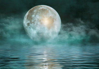 Fotobehang met een heldere volle maan die weerspiegelt in het stille water onder een nachtelijke hemel.