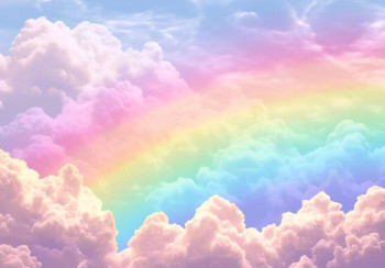 Fotobehang met een kleurrijke regenboog die straalt tussen roze wolken in een fantasierijke hemel.