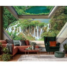 3D Fotobehang uitzicht vanuit het raam op de grote watervallen