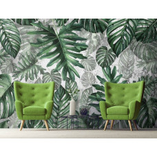 Een botanisch fotobehang met jungle bladeren en een junglekamer-stijl te zien in de woonkamer.