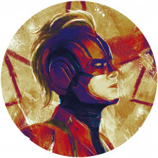 Captain Marvel helm in schilderstijl, afgebeeld op een Marvel behangcirkel.