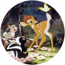 Bambi en een vlinder met Stampertje, vrolijk afgebeeld op een Disney behangcirkel.