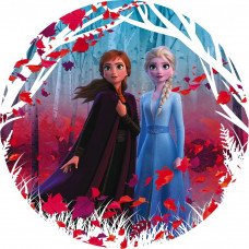 Behangcirkel van Elsa en Anna uit Frozen 2, omringd door sneeuw en winterse landschappen in een magische setting.