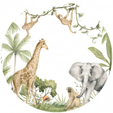 Behangcirkel met kleurrijke jungle dieren in hun natuurlijke omgeving, perfect voor een kinderkamer of junglekamer.