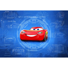 Disney Cars blauwdruk fotobehang, met technische details van de auto's uit de film, speciaal voor de kinderkamer.