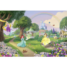 Disney prinsessen fotobehang met een regenboog op de achtergrond, speciaal ontworpen voor een meisjeskamer.