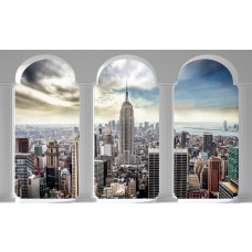 Fotobehang van een 3D uitzicht op New York stad met pilaren, inclusief het Empire State Building.