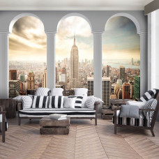 Een fotobehang met een 3D-uitzicht op de skyline van New York, perfect voor een woonkamer.