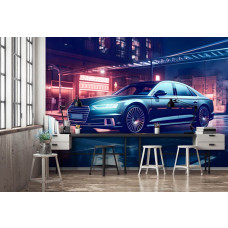 Een fotobehang van een Audi in neonstijl, speciaal ontworpen voor een kinderkamer en slaapkamer.