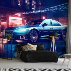 Een fotobehang van een Audi met futuristische neonlichten, ideaal voor een kantoor.