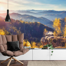 Een fotobehang met een natuurlijk berglandschap omringd door bossen, perfect voor een woonkamer.