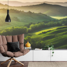 Een fotobehang met een rustgevend berglandschap met groene bossen, perfect voor een huiskamer.