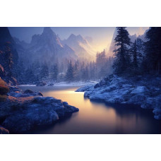 Een betoverend winterlandschap, waar besneeuwde bergen en bossen het serene fotobehang vormen.