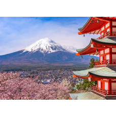 Fotobehang met Chureito Pagode en Mount Fuji en een kersenbloesem in de lente, in Japan.