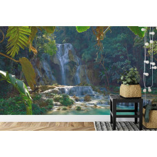 Een rustgevend fotobehang van de iconische Kuang Si-waterval, ideaal voor een slaapkamer.