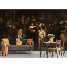 Fotobehang in een stijlvolle woonkamer van het meesterwerk uit het Rijksmuseum: De Nachtwacht, van Rembrandt van Rijn.