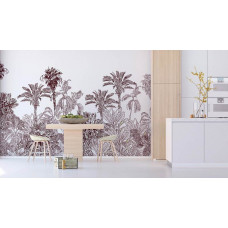 Een fotobehang van een exotische jungle vol palmbomen en planten in taupe in een keuken met Airtex.