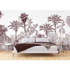 Een fotobehang van een exotische jungle vol palmbomen en planten in taupe in een slaapkamer.