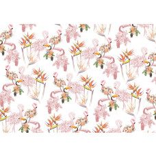 Dit kleurrijke fotobehang toont flamingo’s en toekans te midden van weelderige bloemen, ideaal voor een levendige omgeving.